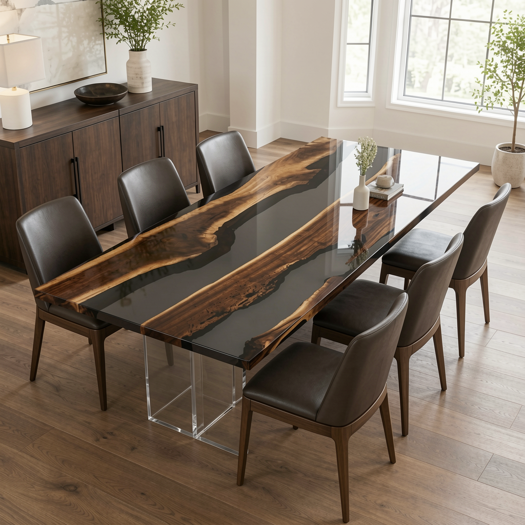 Black Walnut Wood with Transparent Epoxy Resin Dining Table 29.9"W x 71.7"L Thickness 1.6"