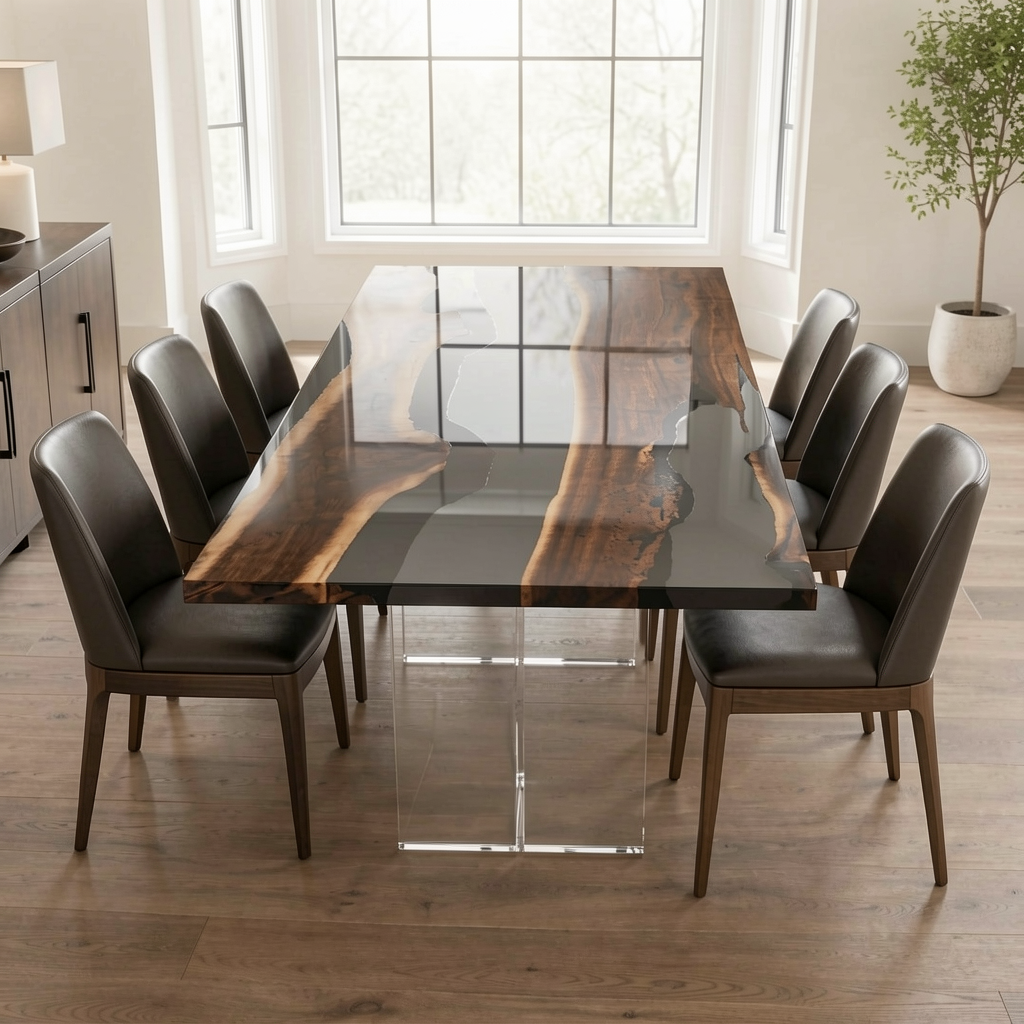 Black Walnut Wood with Transparent Epoxy Resin Dining Table 29.9"W x 71.7"L Thickness 1.6"