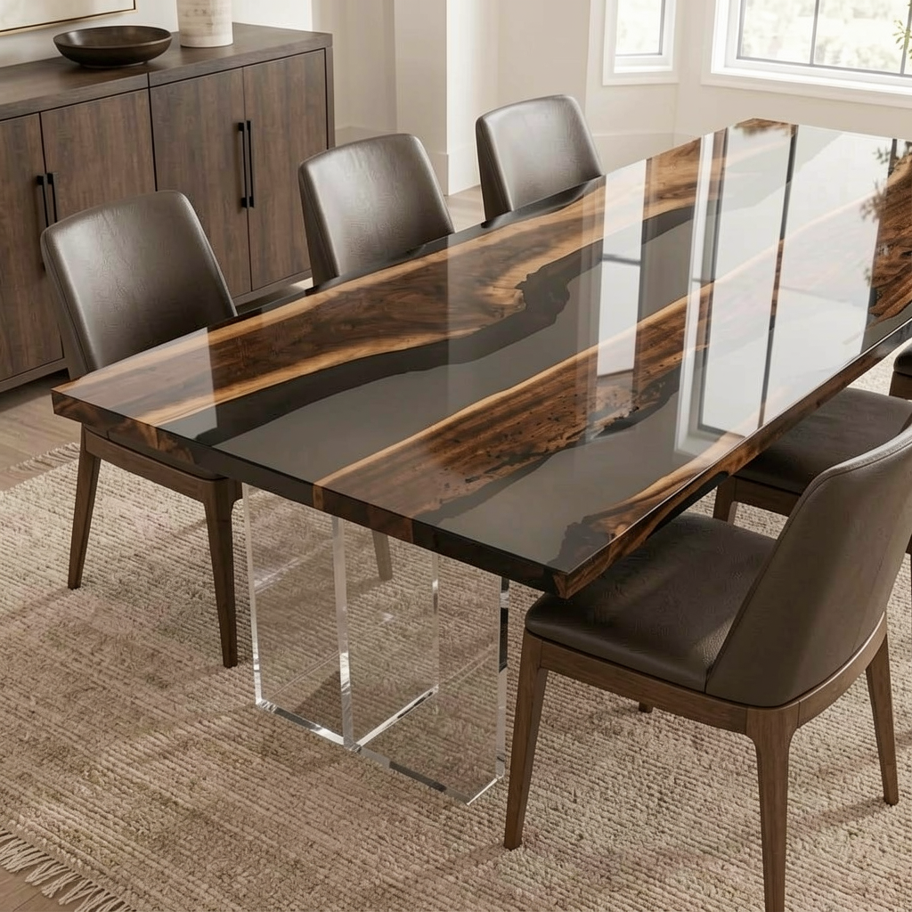 Black Walnut Wood with Transparent Epoxy Resin Dining Table 29.9"W x 71.7"L Thickness 1.6"