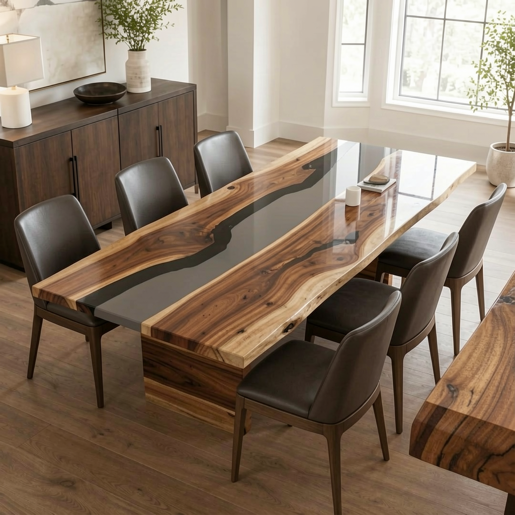 Black Walnut Wood with Transparent Epoxy Resin Dining Table 29.9"W x 71.7"L Thickness 1.6"