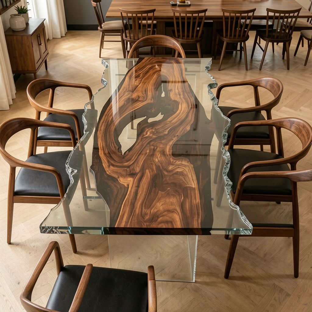 Black Walnut Wood with Clear Epoxy Resin Dining Table 78.7" L × 35.4" W Thickness 2"