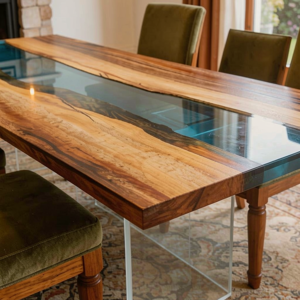 Walnut Wood Transparent Blue Epoxy Dining Table 30"W x 93"L Thickness 1.8"