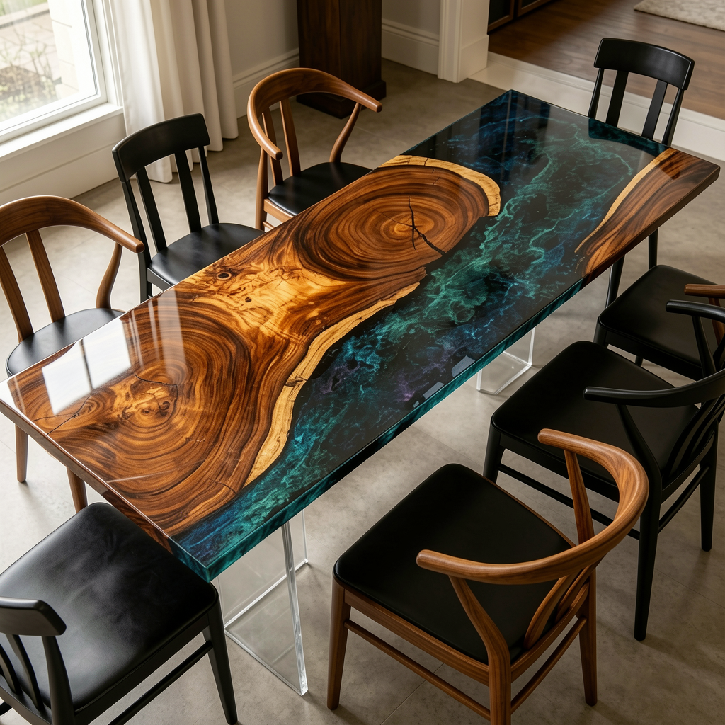 Black Walnut Wood Sky River Resin Table 35“W x 79"L Thickness 1.8"