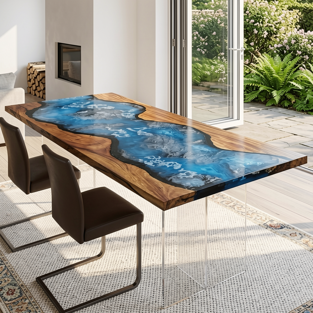 Walnut Wood Blue Lagoon Epoxy Resin Coffee Table 30“W x 71"L Thickness 4"
