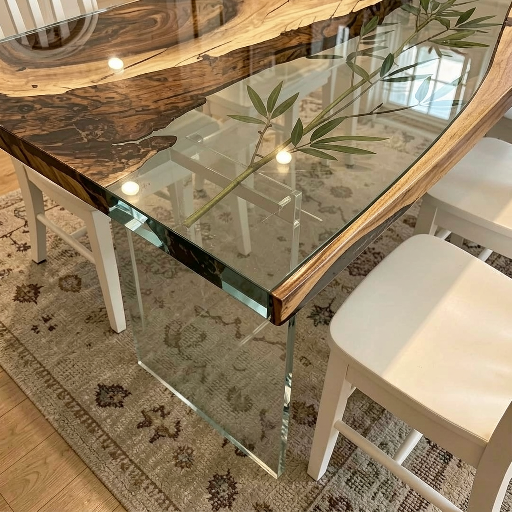 Bamboo Inlay Walnut Wood Resin Table 30"W x 67"L