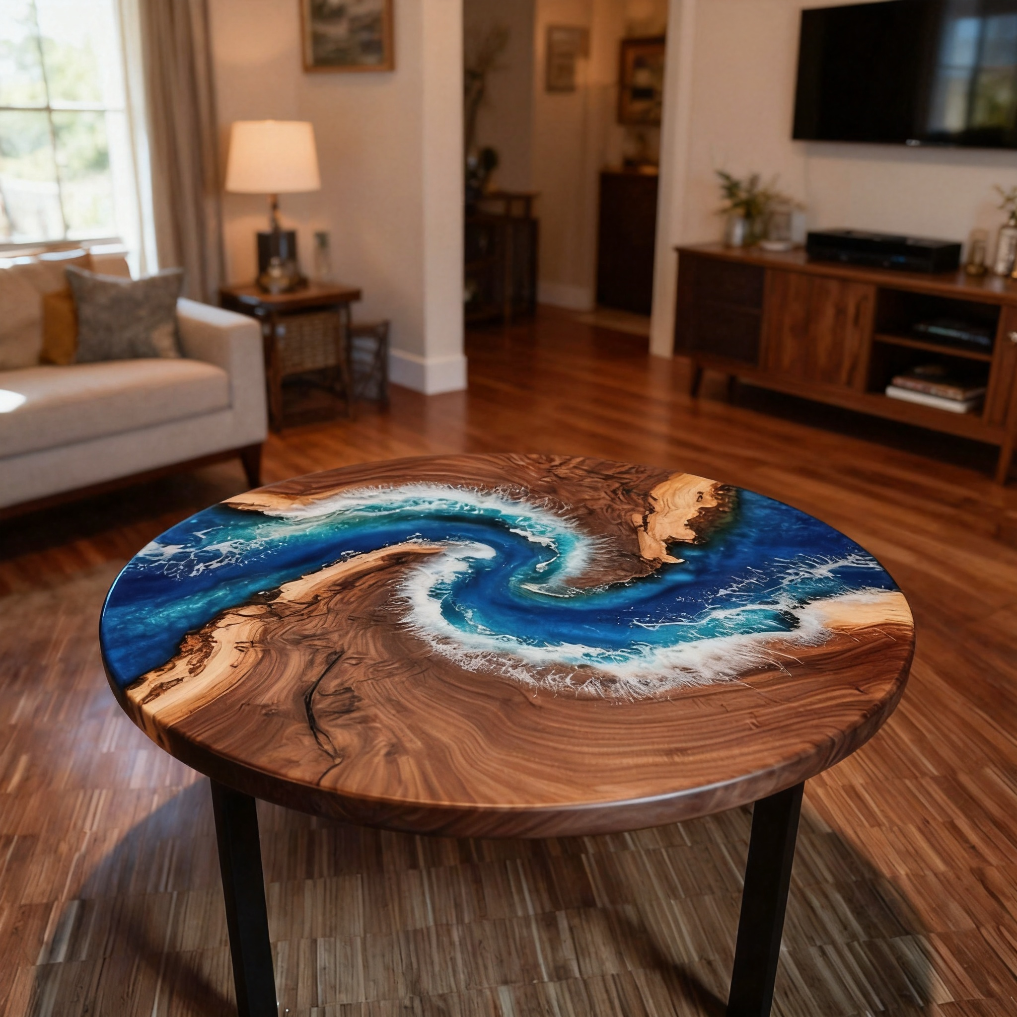 Modern Circular Design Custom Black Walnut Blue Epoxy River Dining Table image 1