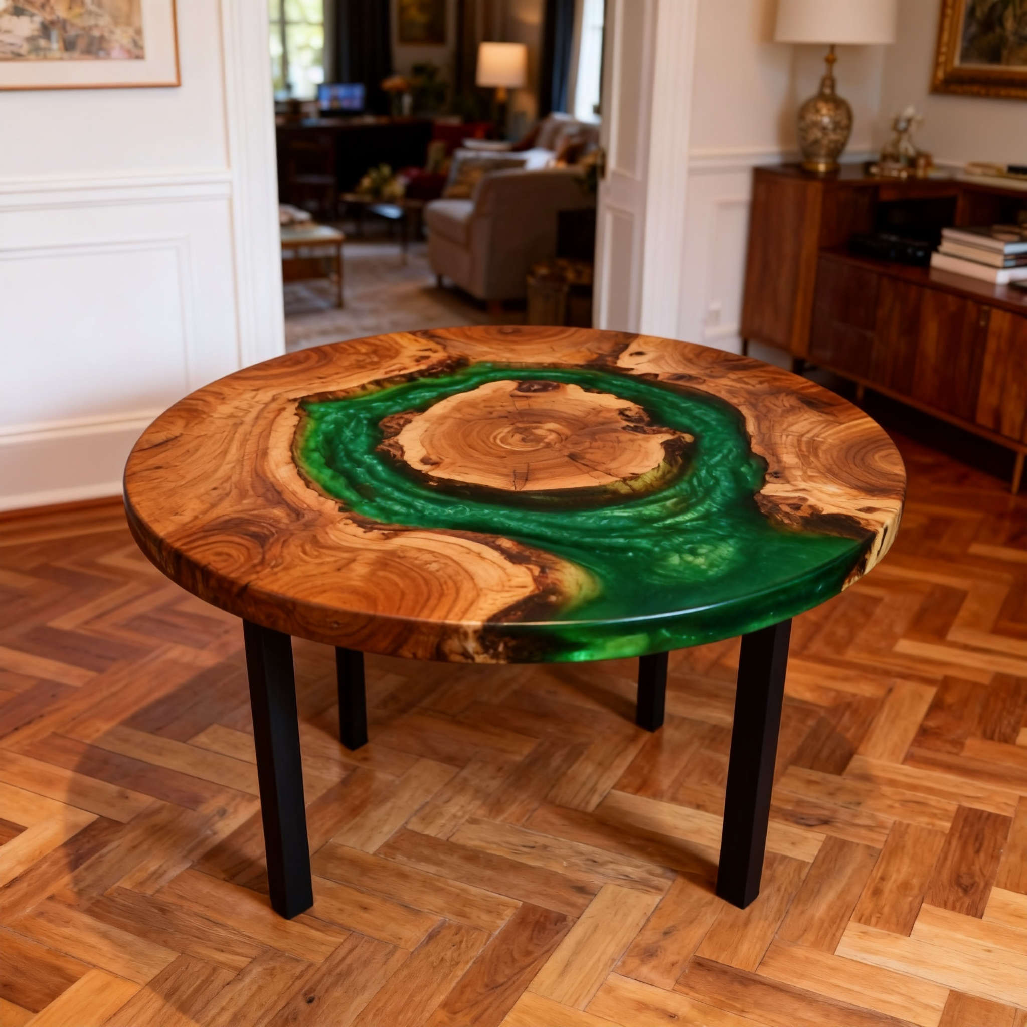 Professional Circular South American Walnut Green Resin Dining Table image 1