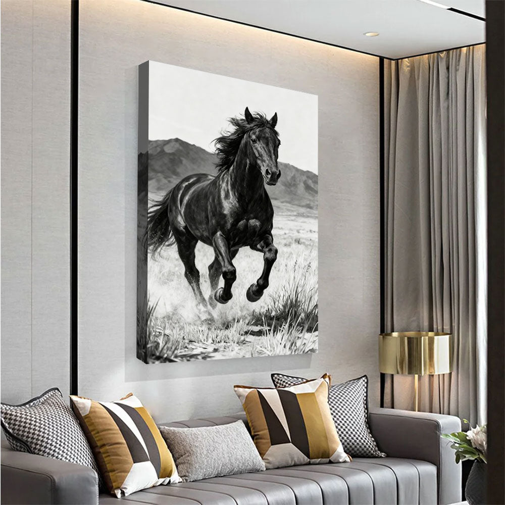 Untamed Ridge horse wall art, angled view above a neutral sofa.