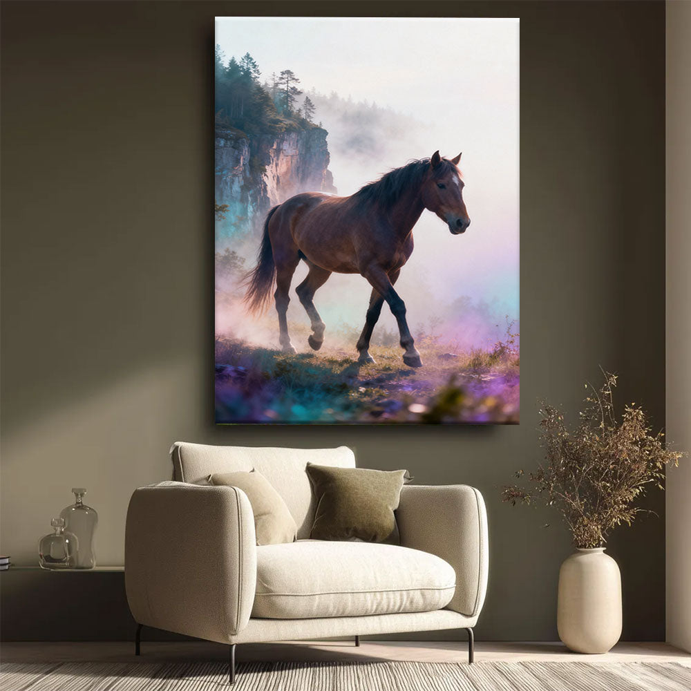 Beyond the Mist horse wall art, styled beside a neutral armchair.