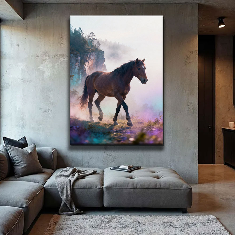 Beyond the Mist horse wall art, displayed above a gray sofa.