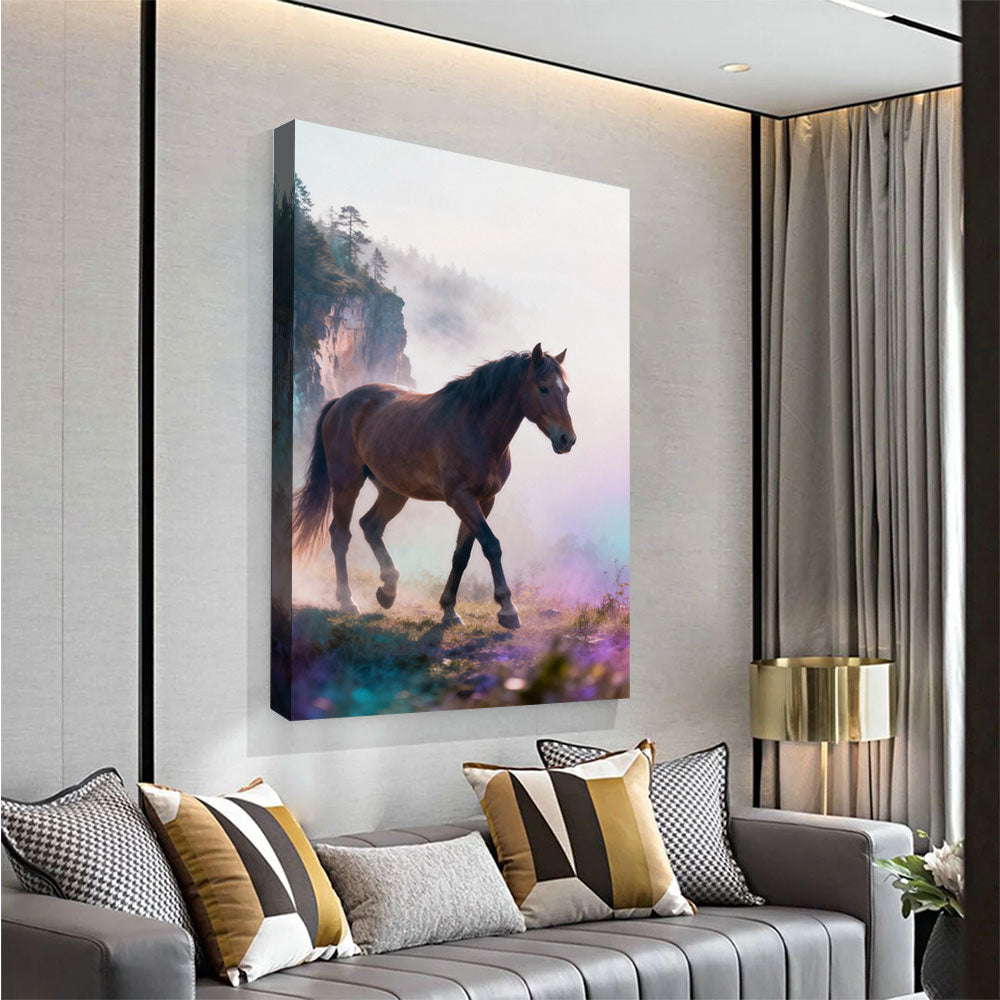 Beyond the Mist horse wall art, angled view above a neutral sofa.