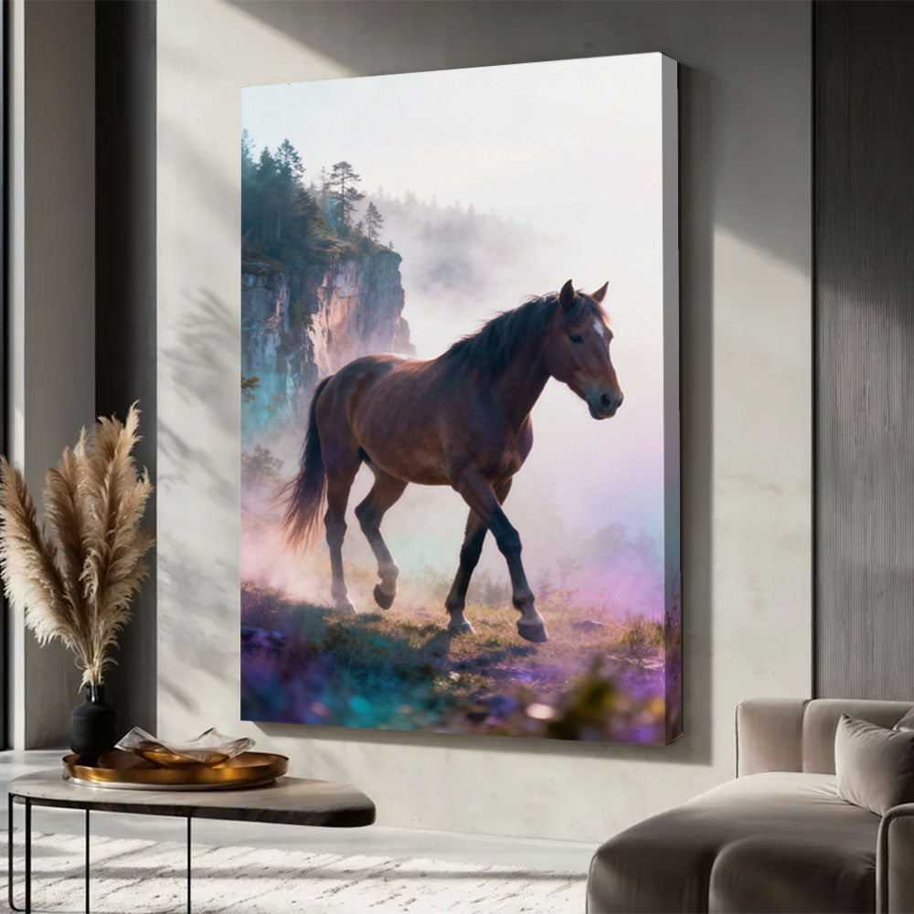 Beyond the Mist horse wall art, displayed in a neutral living space.