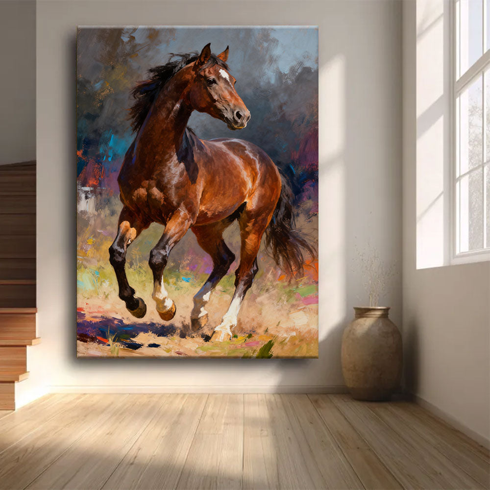 Copper in Motion horse wall art, front view in a softly lit room.