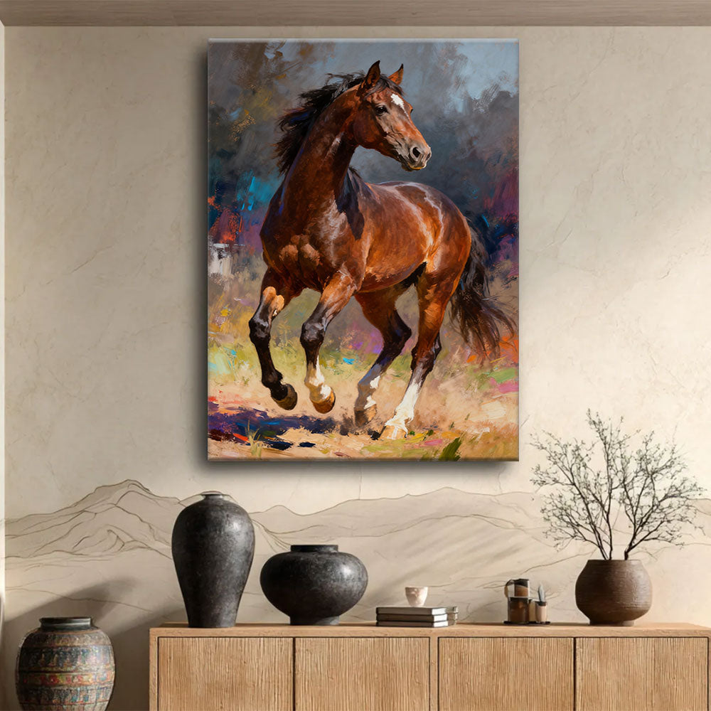 Copper in Motion horse wall art, displayed above a wooden console.