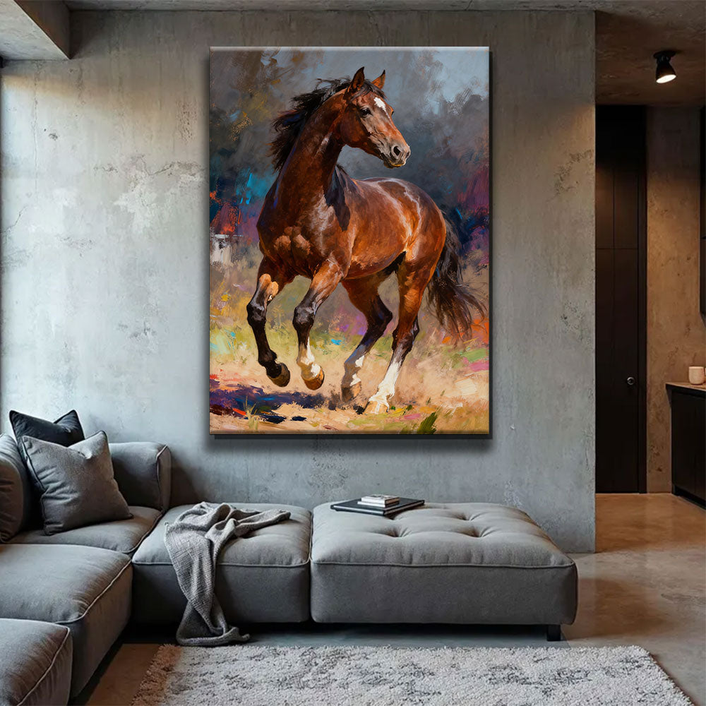Copper in Motion horse wall art, displayed above a gray sofa.