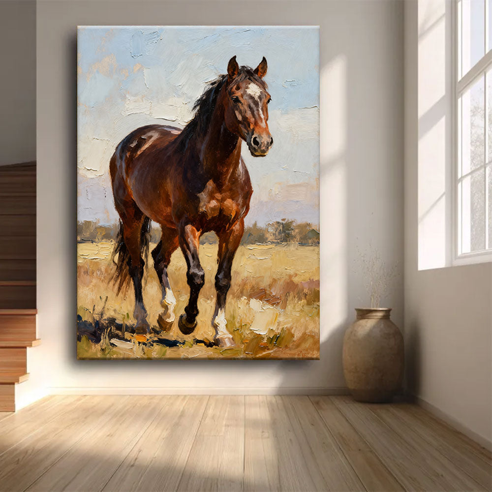 Prairie Light horse wall art, front view in a softly lit room.