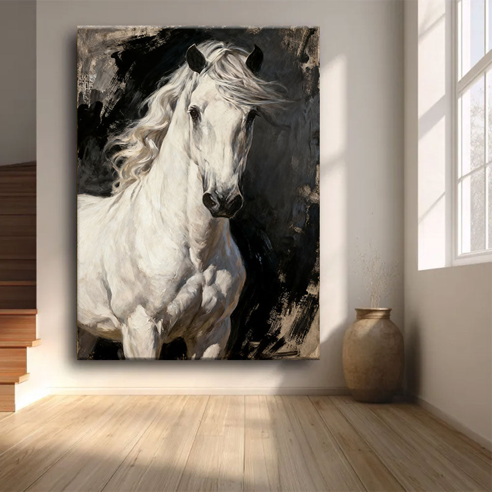 Ivory Mane horse wall art, front view in a softly lit room.