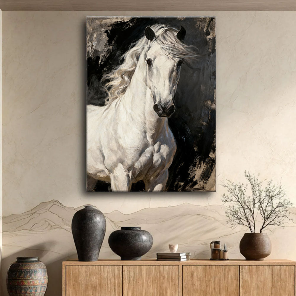 Ivory Mane horse wall art, displayed above a wooden console.