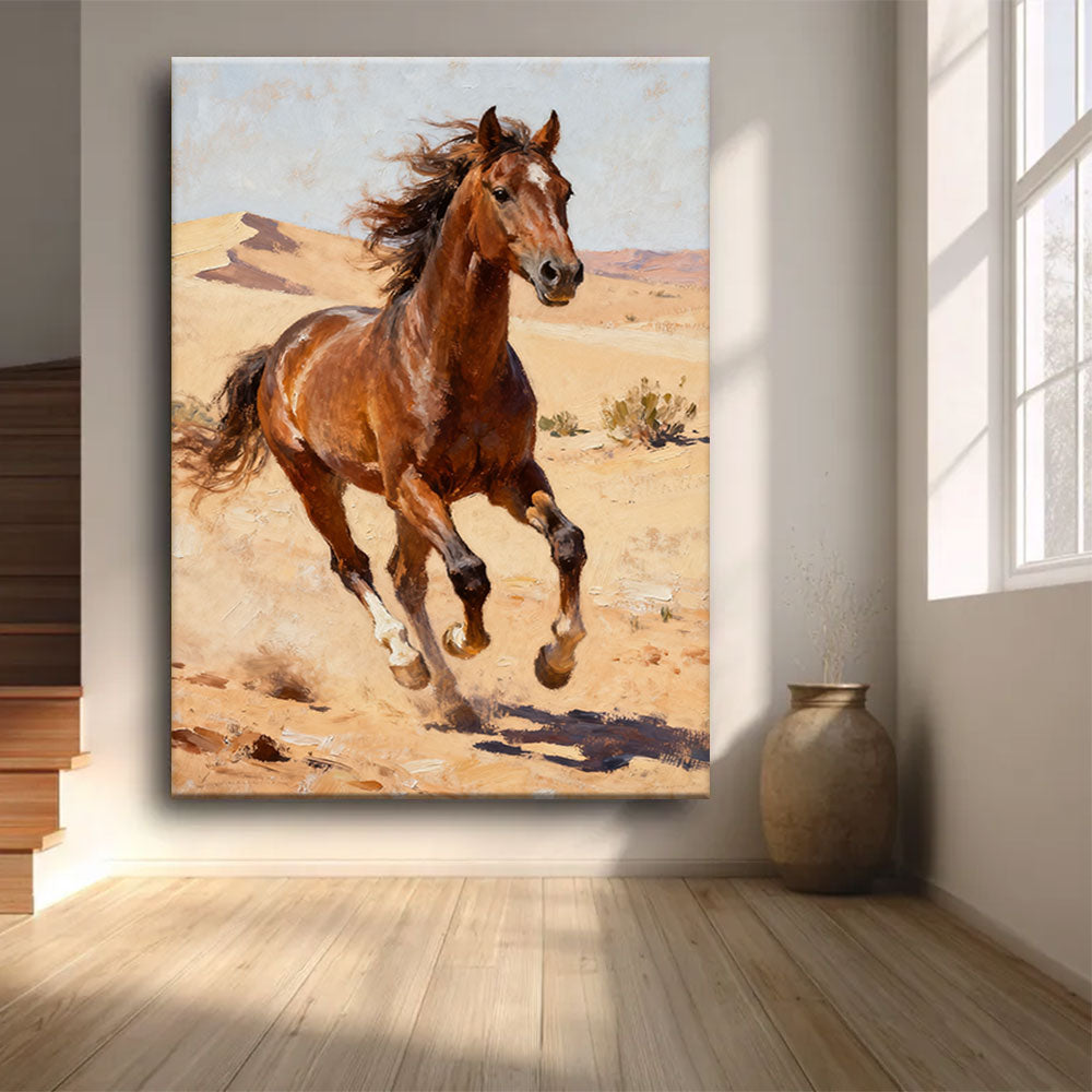 Desert Stride horse wall art, front view in a softly lit room.