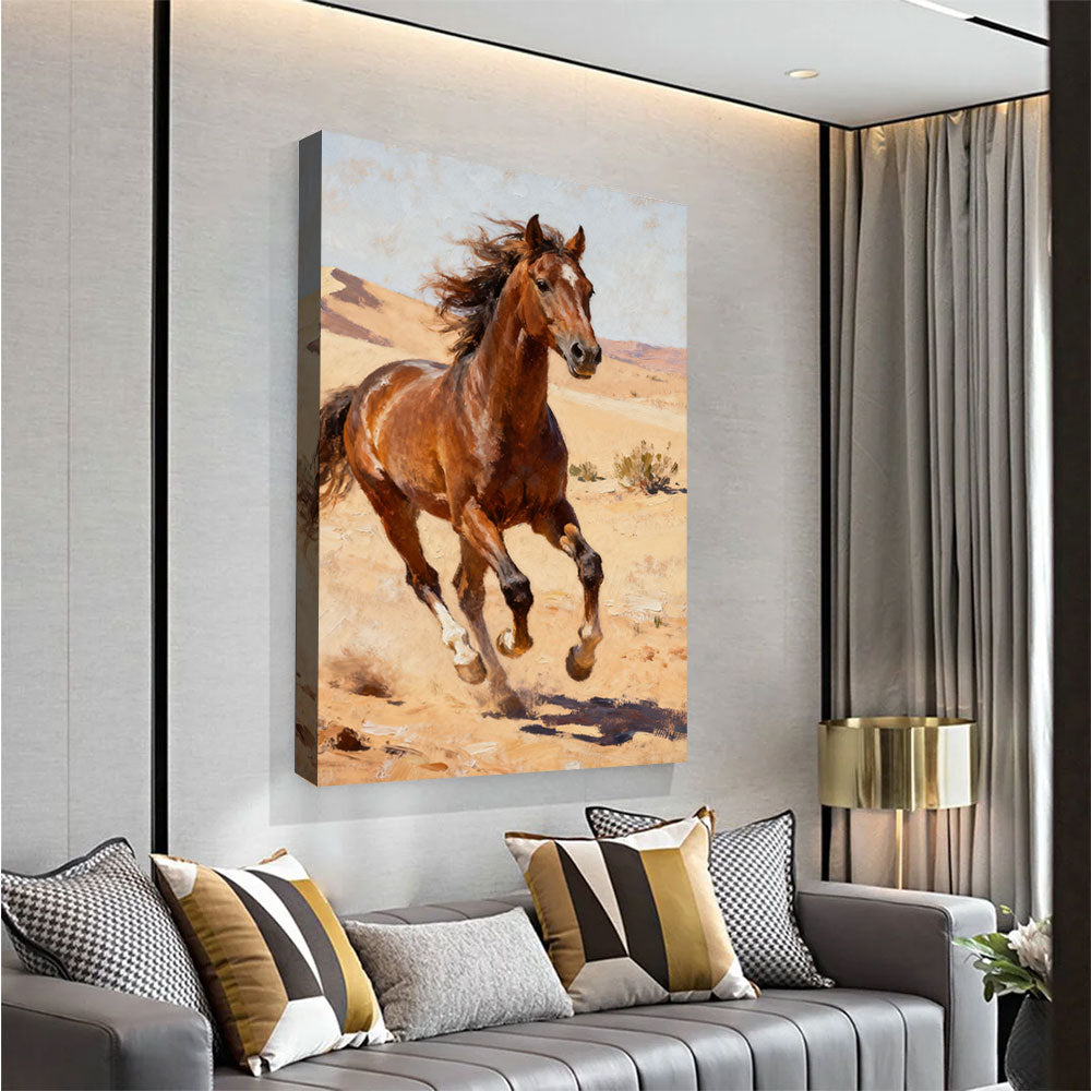Desert Stride horse wall art, angled view above a neutral sofa.