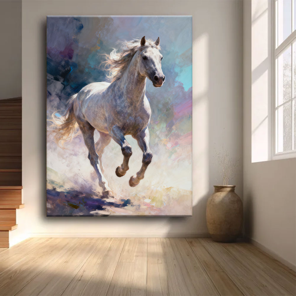Silver Breeze horse wall art, front view in a softly lit room.