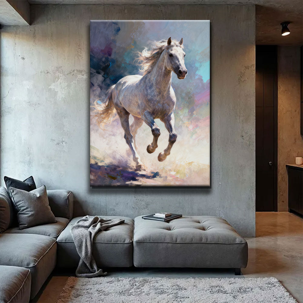 Silver Breeze horse wall art, displayed above a gray sofa.