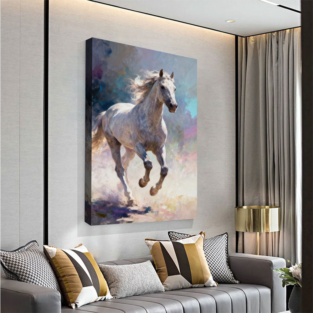 Silver Breeze horse wall art, angled view above a neutral sofa.