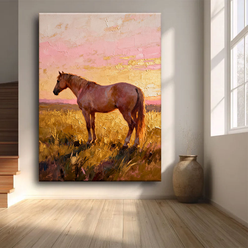 Evening Pasture horse wall art, front view in a softly lit room.