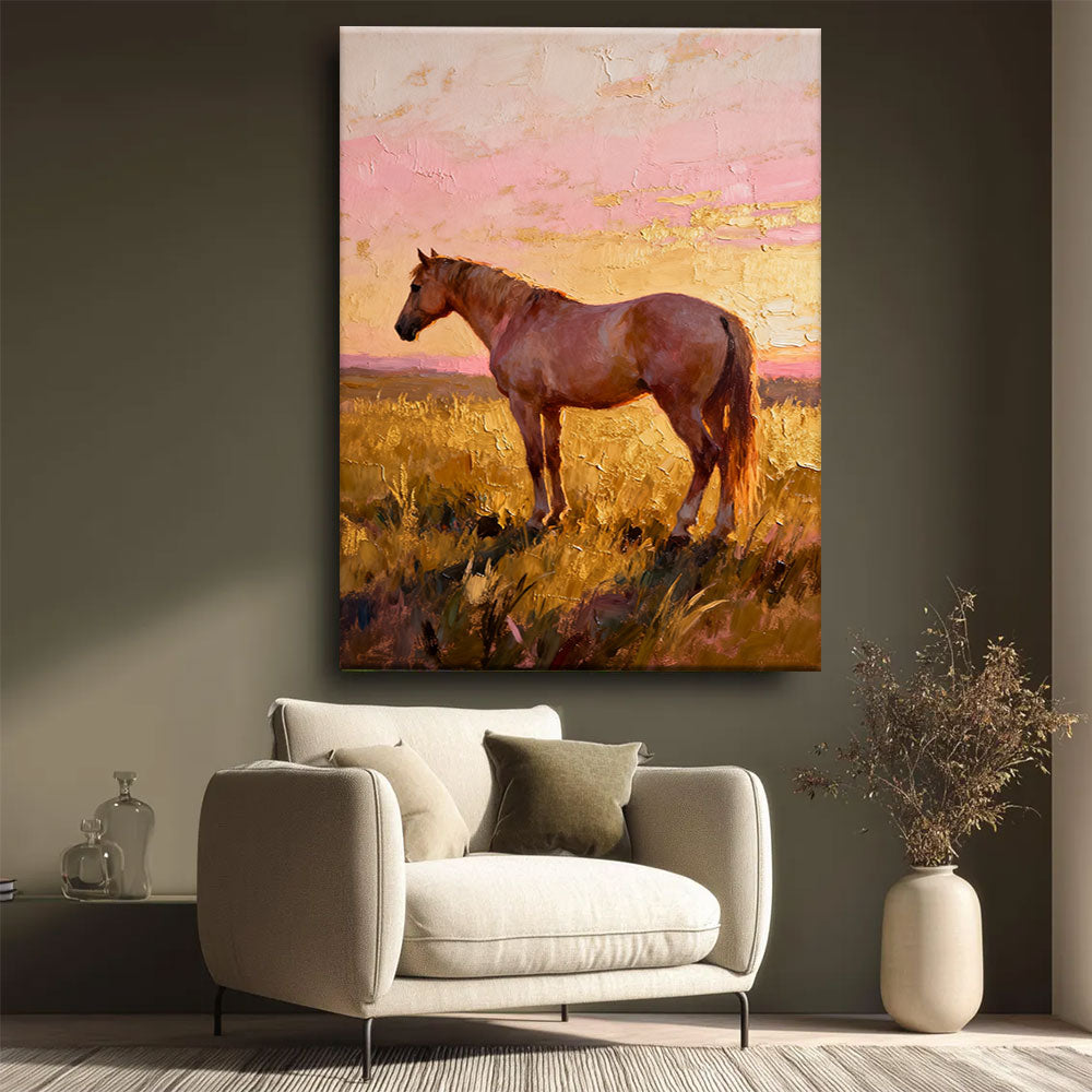 Evening Pasture horse wall art, styled beside a neutral armchair.