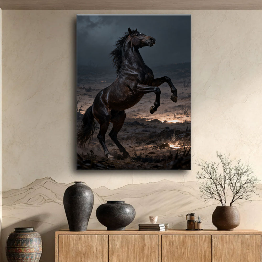 Nightfall Rise horse wall art, displayed above a wooden console.