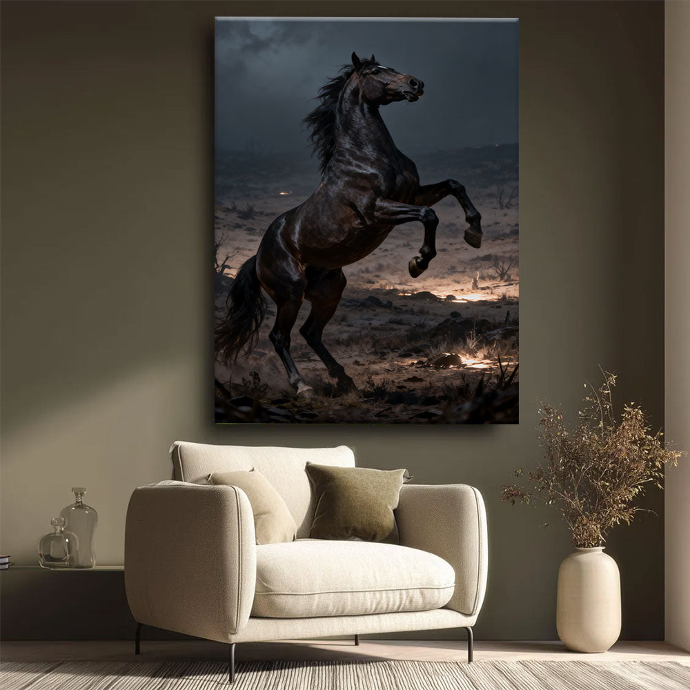 Nightfall Rise horse wall art, styled beside a neutral armchair.