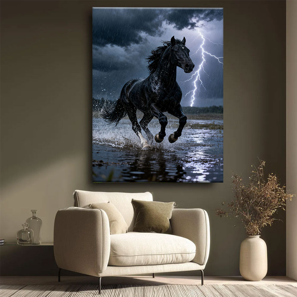 Lightning Run horse wall art, styled beside a neutral armchair.