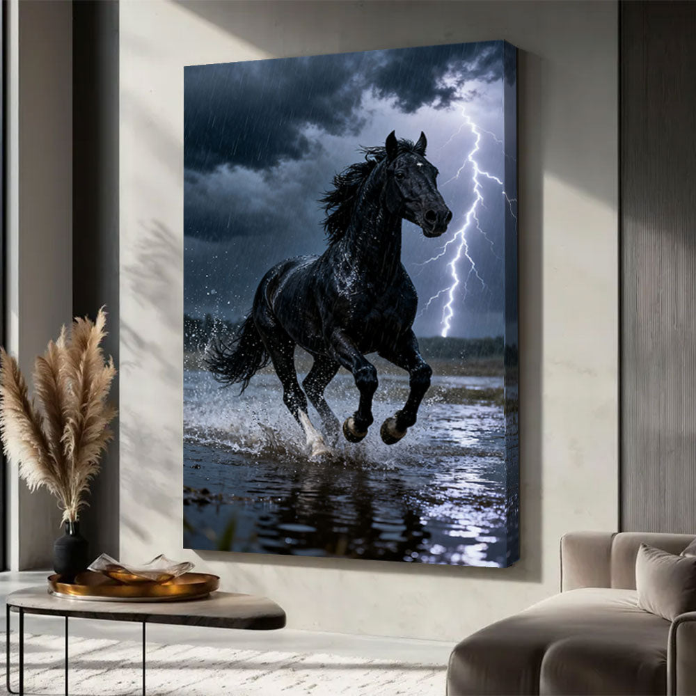 Lightning Run horse wall art, displayed in a neutral living space.