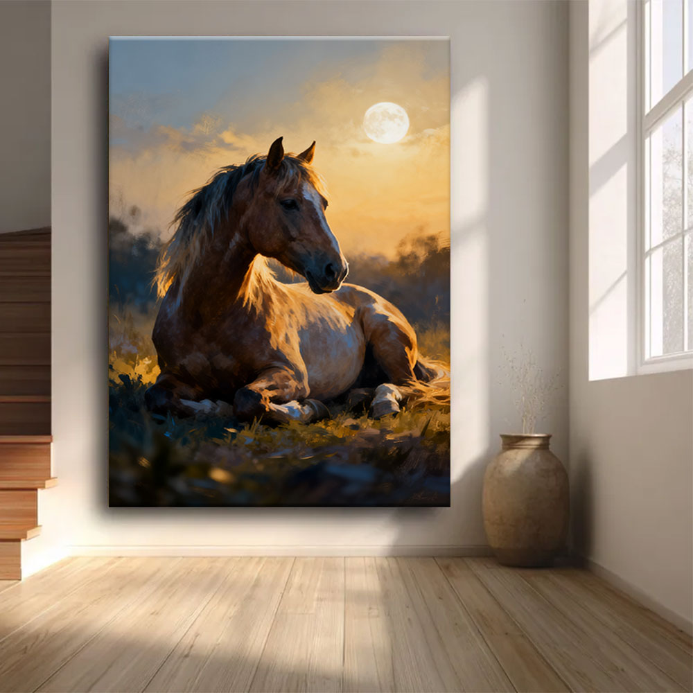 Rest in the Golden Hour horse wall art, front view in a softly lit room.