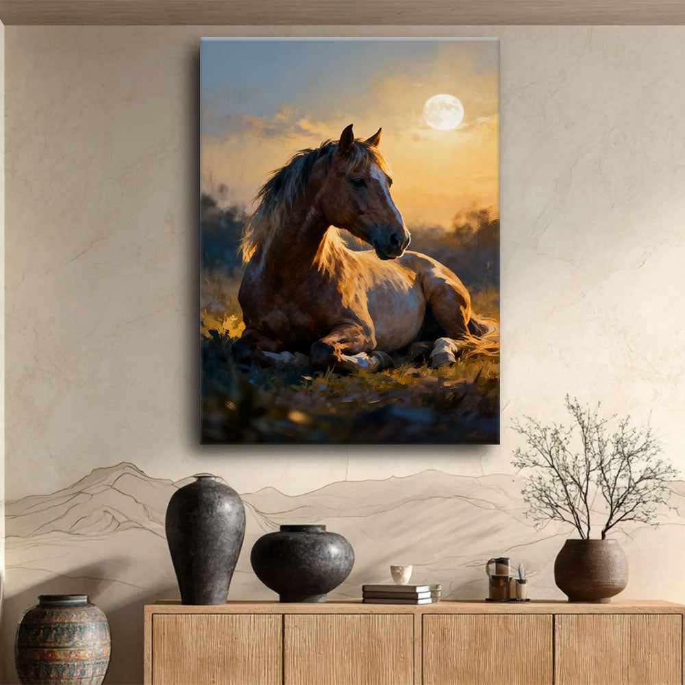 Rest in the Golden Hour horse wall art, displayed above a wooden console.