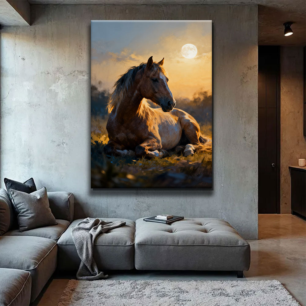 Rest in the Golden Hour horse wall art, displayed above a gray sofa.