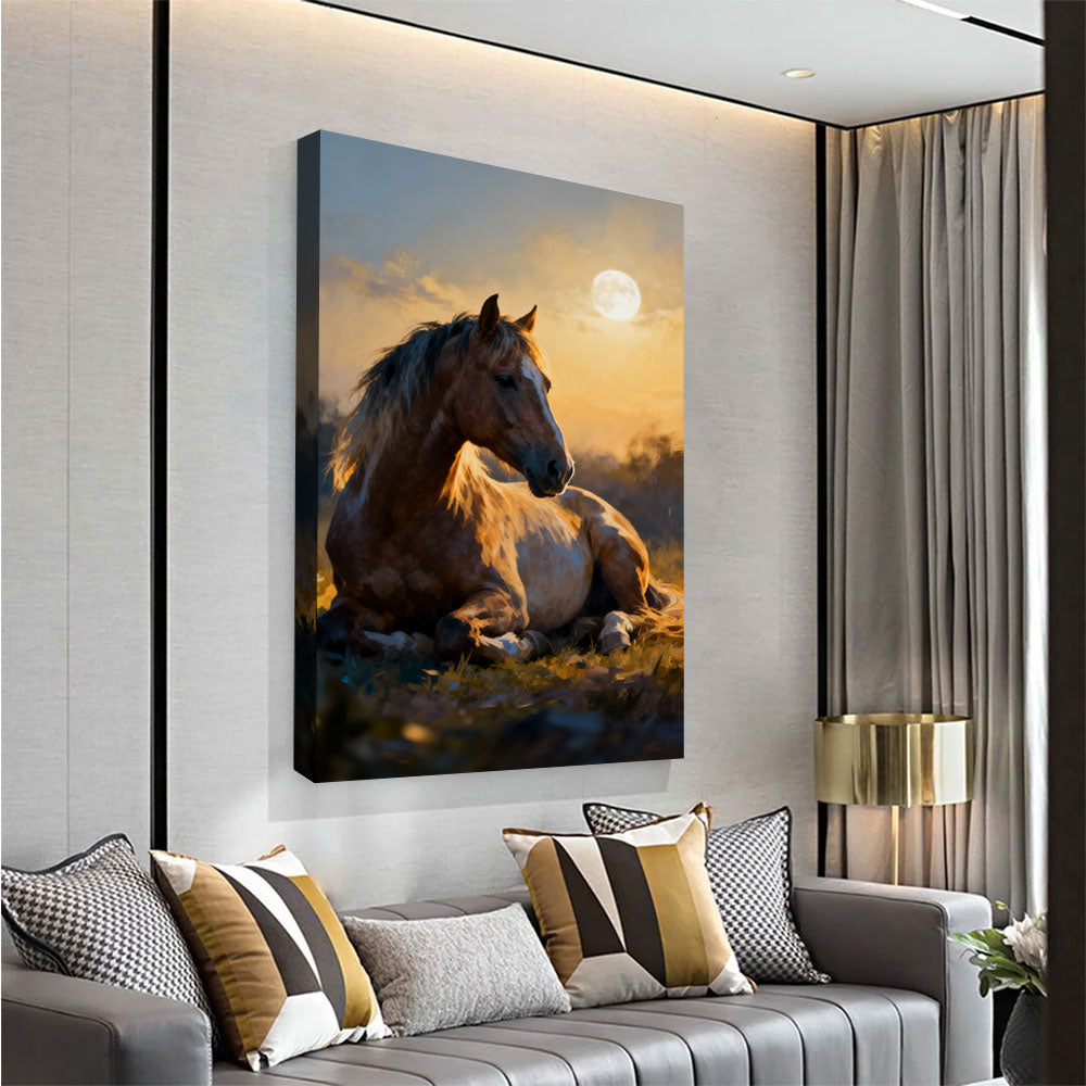 Rest in the Golden Hour horse wall art, angled view above a neutral sofa.