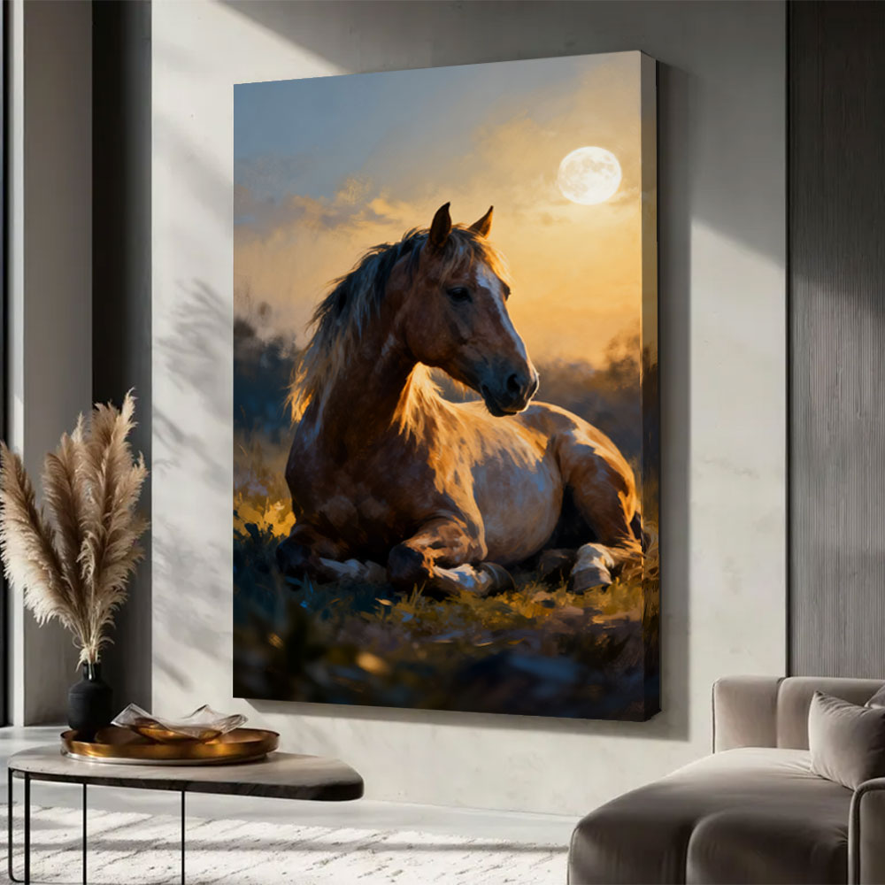 Rest in the Golden Hour horse wall art, displayed in a neutral living space.
