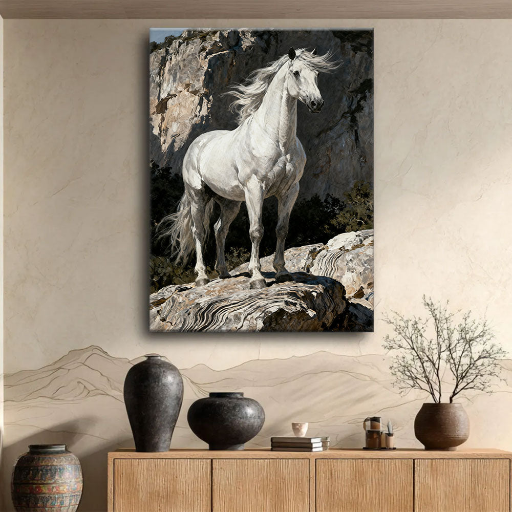 White Horse at the Rocks horse wall art, displayed above a wooden console.