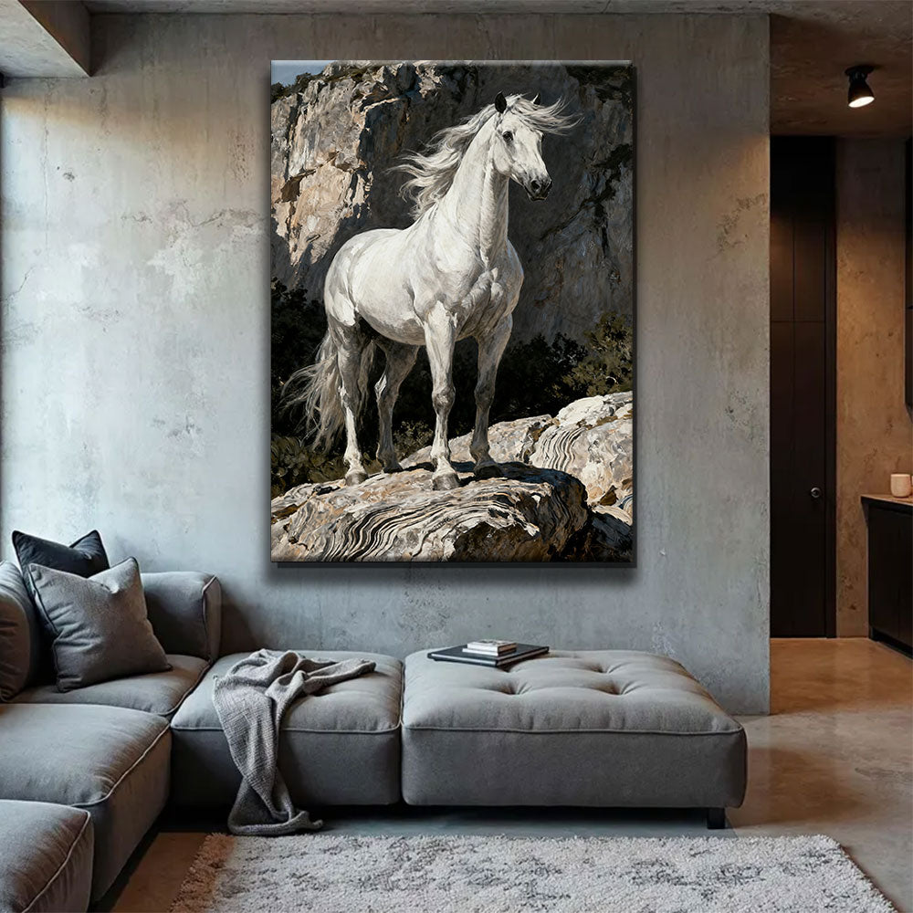 White Horse at the Rocks horse wall art, displayed above a gray sofa.