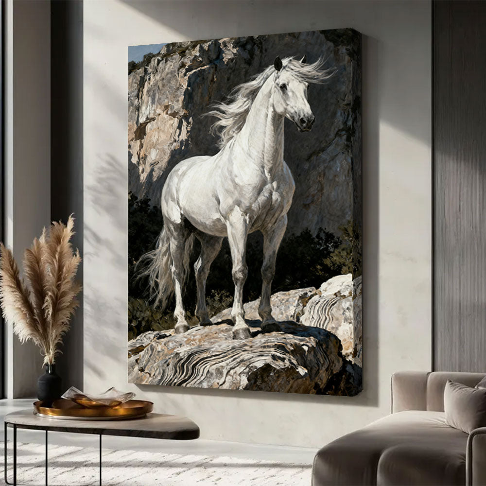 White Horse at the Rocks horse wall art, displayed in a neutral living space.