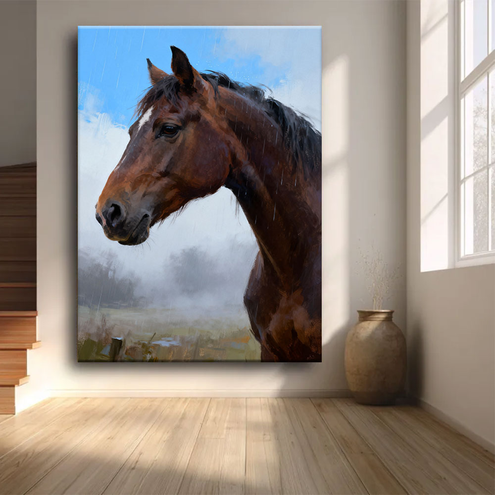 Quiet Gaze horse wall art, front view in a softly lit room.