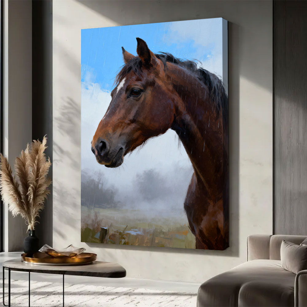 Quiet Gaze horse wall art, displayed in a neutral living space.