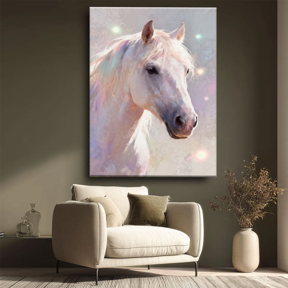 Pearl Daydream horse wall art, styled beside a neutral armchair.