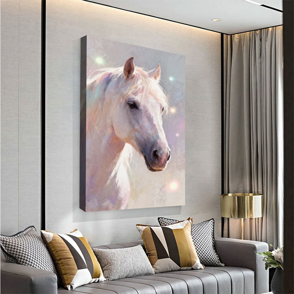 Pearl Daydream horse wall art, angled view above a neutral sofa.