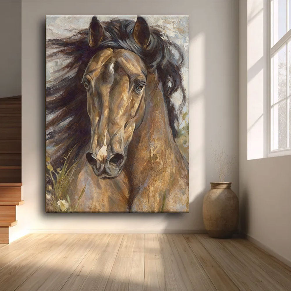 Earthbound Gaze horse wall art, front view in a softly lit room.