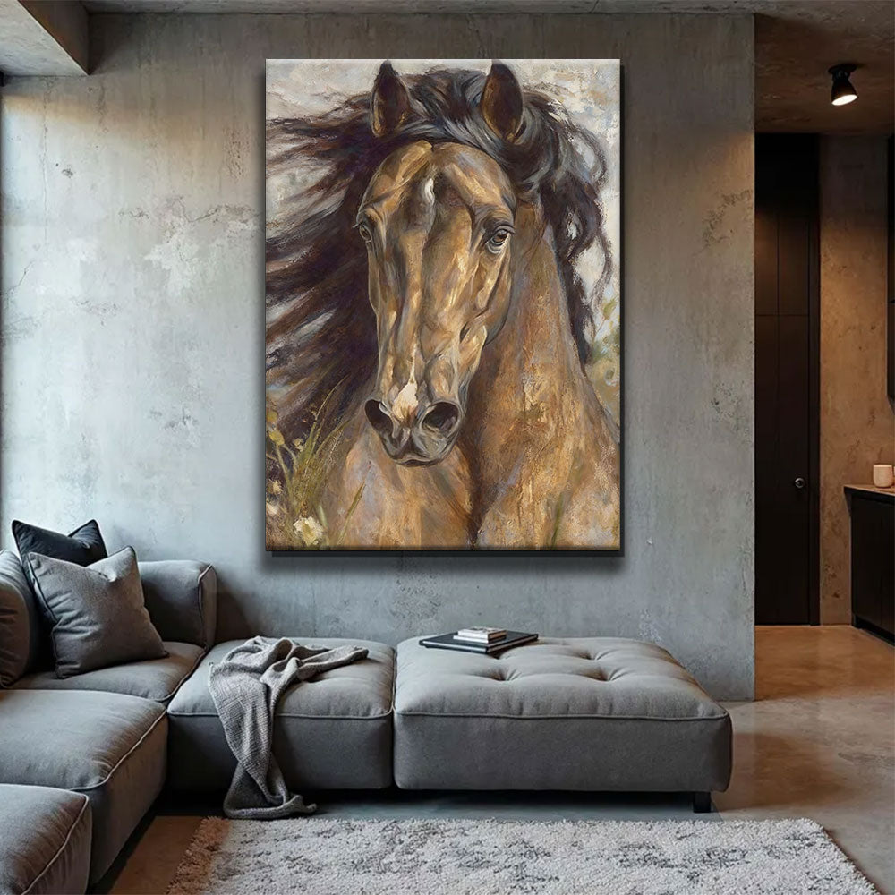 Earthbound Gaze horse wall art, displayed above a gray sofa.