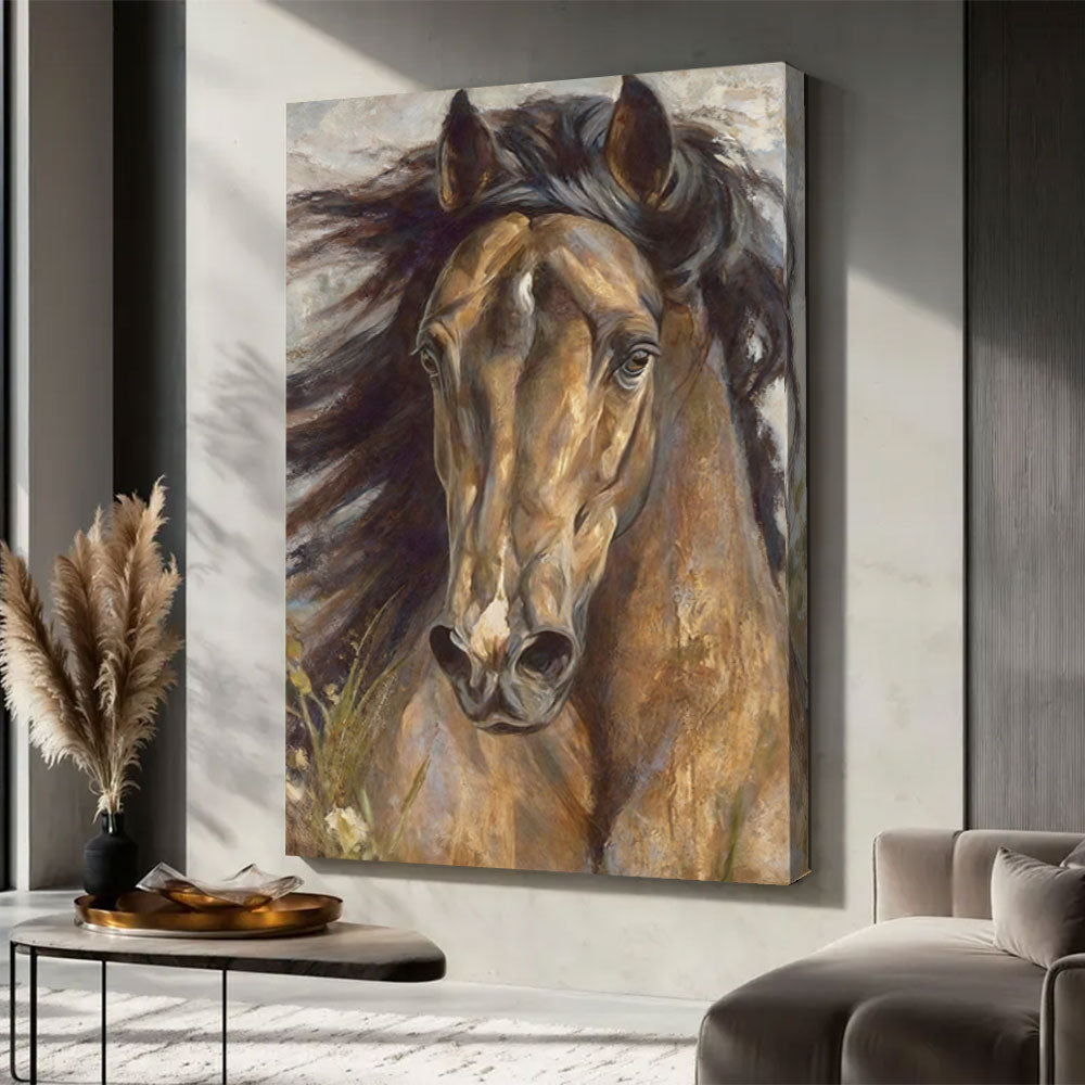 Earthbound Gaze horse wall art, displayed in a neutral living space.