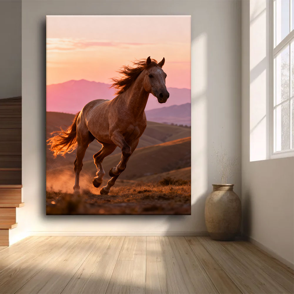 Sunset Gallop horse wall art, front view in a softly lit room.