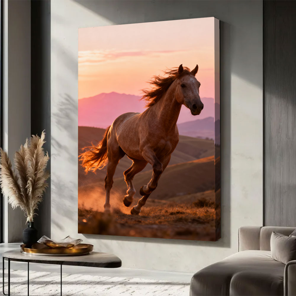 Sunset Gallop horse wall art, displayed in a neutral living space.